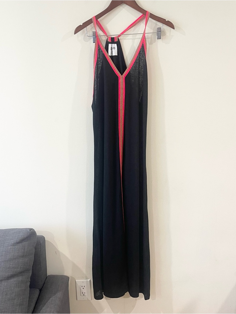 Pitusa Inka Sun Dress Black Maxi with Orange Pink Trim Size S-M